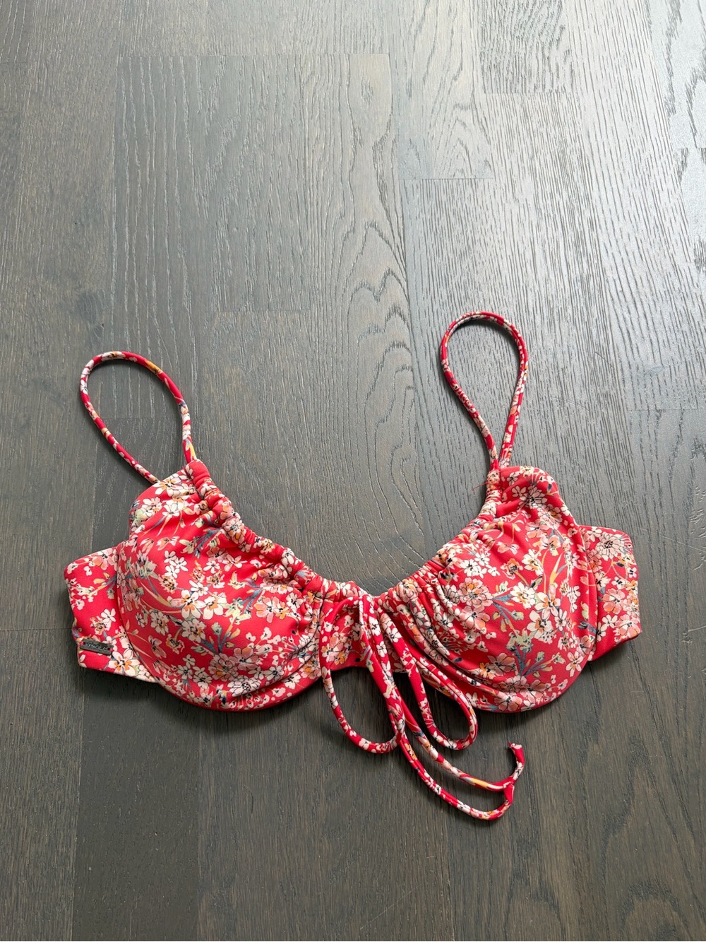 Oneill red floral front tie bikini swim top